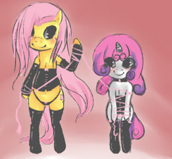 Size: 619x574 | Tagged: suggestive, artist:demongirl1123, fluttershy, sweetie belle, bipedal, blushing, bondage, clothes, collar, corset, evening gloves, female, foalcon, g4, imported from derpibooru, latex, legwear, lesbian, semi-anthro, ship:flutterbelle, shipping, smiling, stockings, thigh highs