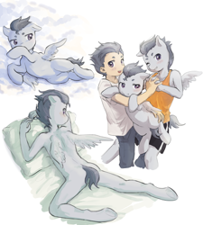 Size: 2700x3000 | Tagged: suggestive, artist:aquoquoo, anthro, anthro ponidox, bed, blushing, butt, clothes, colt, covering, foal, foalcon, g4, holding a pony, holding hands, human, human anthrodox, human ponidox, humanized, imported from derpibooru, looking at you, lying down, male, males only, multiple views, on side, one eye closed, pants, partially open wings, pegasus, pillow, pony, rumble, self paradox, self ponidox, shirt, short sleeves, shorts, simple background, sleeveless, sleeveless shirt, spread wings, tail, tail covering, triality, trio, trio male, white background, wings