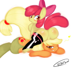 Size: 800x768 | Tagged: suggestive, artist:kikiluv17, apple bloom, applejack, apple bloom's bow, applecest, appleseat, asshat, blushing, bow, butt, clothes, earth pony, featureless crotch, female, females only, foalcon, g4, hair bow, imported from derpibooru, incest, latex, latex socks, legwear, lesbian, looking at you, looking back, looking back at you, mare, mare on filly, one eye closed, plot, pony, ship:bloomjack, shipping, simple background, socks, stockings, thigh highs, white background