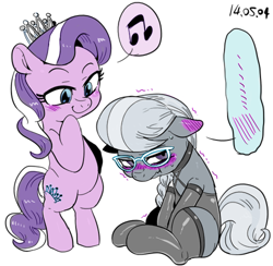 Size: 500x488 | Tagged: suggestive, artist:lord waite, artist:nekubi, diamond tiara, silver spoon, blushing, clothes, colored, earth pony, female, filly, foal, foalcon, g4, glasses, imported from derpibooru, latex, latex suit, legwear, lesbian, lingerie, pony, ship:silvertiara, shipping, simple background, socks, stockings, thigh highs