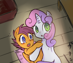 Size: 599x517 | Tagged: suggestive, artist:kuromozuku, scootaloo, sweetie belle, caught, female, foalcon, g4, imported from derpibooru, lesbian, pixiv, ship:scootabelle, shipping