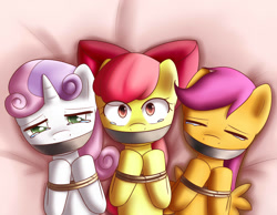 Size: 1549x1200 | Tagged: suggestive, artist:dyoung, apple bloom, scootaloo, sweetie belle, abuse, applebuse, bondage, crusadabuse, crying, cutie mark crusaders, earth pony, female, filly, foal, foalcon, g4, imported from derpibooru, kidnapped, pegasus, pixiv, pony, scootabuse, sweetiebuse, unicorn