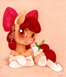 Size: 1184x1387 | Tagged: suggestive, artist:-fuchs-, apple bloom, blushing, clothes, colored, earring, female, filly, foal, foalcon, frilly underwear, g4, garter belt, imported from derpibooru, jewelry, legwear, lingerie, panties, ribbon, smiling, socks, solo, solo female, thigh highs, traditional art, underwear, white underwear