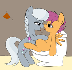 Size: 917x895 | Tagged: suggestive, artist:mcsadat, scootaloo, silver spoon, after kiss, bathroom stall, bedroom eyes, boop, but why, drool, drool string, duo, earth pony, edit, eye contact, female, filly, filly on filly, floppy ears, foal, foalcon, g4, imported from derpibooru, kissing, lesbian, looking at each other, looking at someone, noseboop, open mouth, pegasus, pony, ship:spoonaloo, sitting, smiling, stall, toilet, tongue out