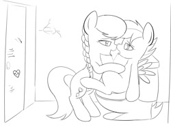 Size: 1205x895 | Tagged: suggestive, artist:mcsadat, scootaloo, silver spoon, after kiss, bathroom stall, drool, drool string, earth pony, female, filly, filly on filly, foal, foalcon, g4, imported from derpibooru, kissing, lesbian, monochrome, pegasus, pony, ship:spoonaloo, sloppy kissing, stall, toilet