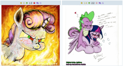 Size: 511x273 | Tagged: suggestive, artist:bylisboa, spike, sweetie belle, twilight sparkle, age difference, alicorn, angry, blushing, crying, derpibooru, dragon, ear bite, exploitable meme, female, foalcon, g4, implied shipping, implied spikebelle, implied straight, imported from derpibooru, jealous, jealous sweetie belle, juxtaposition, juxtaposition win, male, mare, meme, meta, pony, pseudoincest, ship:spikebelle, ship:twispike, shipping, straight, sweetie belle is not amused, teasing, trio, unamused, unicorn, wingless spike