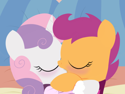 Size: 3200x2400 | Tagged: suggestive, artist:dtcx97, scootaloo, sweetie belle, comic:scootaloo & sweetie's night, blushing, drool, explicit source, eyes closed, female, filly, foal, foalcon, g4, high res, imported from derpibooru, kiss on the lips, kissing, lesbian, pony, ship:scootabelle, shipping, sloppy kissing, unicorn