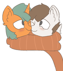 Size: 675x766 | Tagged: safe, artist:mrschocotastic, blushing, clothes, colt, colt on colt, feathersnails, featherweight, foal, foalcon, g4, gay, imported from derpibooru, male, pony, scarf, shared clothing, shared scarf, shipping, simple background, snails, snuggling, transparent background, voice actor joke