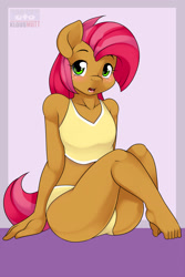 Size: 1320x1980 | Tagged: suggestive, artist:kloudmutt, babs seed, anthro, barefoot, bicolor swimsuit, blushing, breasts, clothes, feet, female, foalcon, g4, imported from derpibooru, plantigrade anthro, solo, solo female, swimsuit, yellow swimsuit