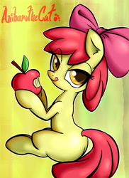 Size: 2550x3507 | Tagged: suggestive, artist:anibaruthecat, apple bloom, apple, bedroom eyes, bow, earth pony, eating, female, foalcon, g4, hair bow, high res, imported from derpibooru, licking, licking lips, pony, solo, solo female, tongue out