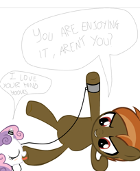 Size: 690x846 | Tagged: suggestive, button mash, sweetie belle, 1000 hours in ms paint, female, foalcon, g4, hoof fetish, hoof licking, hooves, horn, horn ring, imported from derpibooru, licking, magic suppression, male, ms paint, pony, rope, ship:sweetiemash, shipping, slave, straight