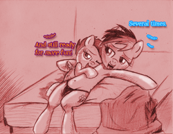 Size: 792x612 | Tagged: suggestive, artist:jaxonian, rainbow dash, scootaloo, aftersex, armpits, ask fapplebloom, belly button, clothes, dialogue, female, foalcon, g4, imported from derpibooru, lesbian, mare on filly, monochrome, panties, pegasus, pony, ship:scootadash, shipping, underwear