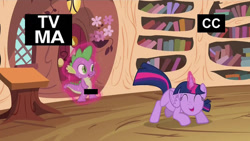 Size: 1280x720 | Tagged: suggestive, spike, twilight sparkle, age difference, alicorn, ass up, butt, butt shake, cute, dragon, duo, duo male and female, edit, estrus, eyes closed, face down ass up, female, foalcon, g4, imminent sex, imported from derpibooru, levitation, magic, magic abuse, magical encouragement, male, mare, my little pony: friendship is magic, open mouth, out of context, plot, pony, pseudoincest, screencap, season 4, ship:twispike, shipping, smiling, straight, telekinesis, three's a crowd, tv rating, tv-ma, twiabetes, twilight is a foal fiddler, unnecessary censorship, wide eyes, wingless spike