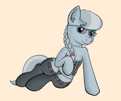 Size: 1200x1000 | Tagged: suggestive, artist:dashaloo, artist:riscke, silver spoon, adorasexy, clothes, corset, cute, ear fluff, female, foalcon, g4, glasses, imported from derpibooru, legwear, lingerie, looking at you, necklace, on side, panties, pony, raised hoof, sexy, simple background, smiling, socks, solo, solo female, stockings, thigh highs, underwear