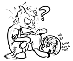 Size: 810x673 | Tagged: semi-grimdark, suggestive, artist:retl, oc, oc:puppysmiles, >rape, black and white, butt, earth pony, fallout equestria, fallout equestria: pink eyes, fanfic, fanfic art, female, filly, foal, foalcon, ghoul, grayscale, hazmat suit, hooves, imminent rape, implied foalcon, imported from derpibooru, male, monochrome, oc only, plot, pony, simple background, straight, this will end in death, white background