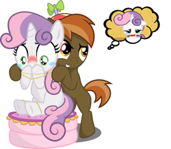 Size: 1102x960 | Tagged: suggestive, artist:lockerobster, artist:medio-cre, artist:pyruvate, button mash, sweetie belle, ballgag, bipedal leaning, blushing, bondage, covering, crying, edit, female, floppy ears, foalcon, g4, gag, grin, implied foalcon, imported from derpibooru, male, mutton bash, rope, ship:sweetiemash, shipping, sitting, smiling, straight, thought bubble, wide eyes