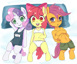 Size: 900x750 | Tagged: suggestive, artist:kuromozuku, apple bloom, scootaloo, sweetie belle, arm hooves, belly button, blushing, breasts, clothes, covering, cutie mark crusaders, earth pony, explicit source, female, filly, foal, foalcon, frilly underwear, g4, grimdark source, imported from derpibooru, one-piece swimsuit, open mouth, panties, school swimsuit, semi-anthro, shorts, small breasts, sukumizu, swimsuit, topless, trunks, underwear