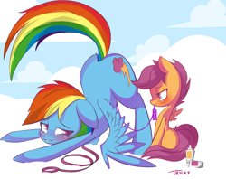 Size: 1280x1016 | Tagged: suggestive, artist:quitetricky, rainbow dash, scootaloo, ass up, blushing, cloud, cloudy, collar, cutiemarking, dead source, face down ass up, female, filly, foal, foalcon, foaldom, g4, implied insertion, implied vaginal insertion, imported from derpibooru, iwtcird, leash, lesbian, mare, mare on filly, paint, pegasus, pet play, pony, sex toy, ship:scootadash, shipping, small dom big sub, smiling, softcore, vibrator