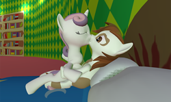 Size: 640x382 | Tagged: suggestive, sweetie belle, 3d, bed, colt, cowgirl position, female, filly, filly on colt, foal, foalcon, g4, gmod, imported from derpibooru, kiss on the lips, kissing, making out, male, pipsqueak, pony, ship:sweetiesqueak, straight, surprise kiss, surprised