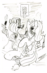 Size: 1638x2526 | Tagged: suggestive, artist:bylisboa, applejack, fluttershy, rarity, spike, series:busted, age difference, blushing, caught, dragon, female, foalcon, g4, implied group sex, implied sex, implied threesome, imported from derpibooru, male, mare, monochrome, pony, ship:applespike, ship:sparijack, ship:sparity, shipping, straight, sweat