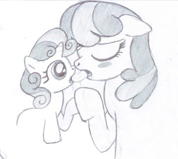 Size: 768x686 | Tagged: suggestive, artist:lockerobster, sweetie belle, after kiss, age difference, cheerilee, drool, drool string, duo, earth pony, eyes closed, female, filly, foal, foalcon, g4, imported from derpibooru, kissing, lesbian, mare, mare on filly, monochrome, open mouth, pony, ship:cheeribelle, sloppy kissing, traditional art, unicorn
