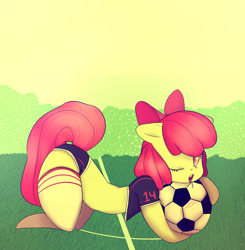 Size: 1280x1306 | Tagged: suggestive, artist:tesuai, apple bloom, anthro, clothes, dead source, earth pony, female, foalcon, football, g4, imported from derpibooru, legwear, lollipop, socks, solo, solo female, sultry pose, thigh highs, wink