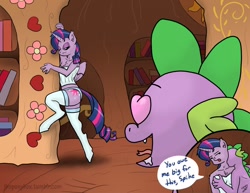 Size: 1280x989 | Tagged: suggestive, artist:jomblluc, spike, twilight sparkle, alicorn, alternate hairstyle, anthro, armpits, breast grab, breasts, clothes, corset, female, foalcon, g4, grope, imported from derpibooru, legwear, lingerie, male, panties, rarity hair, roleplay, seductive, ship:twispike, shipping, socks, stockings, straight, sultry pose, thigh highs, underwear, unguligrade anthro