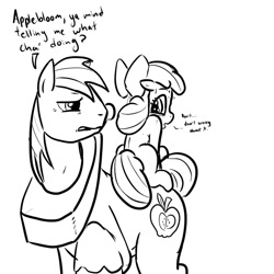 Size: 894x894 | Tagged: suggestive, artist:itcamefrom4chan, apple bloom, apple bloom riding big macintosh, big macintosh, dialogue, earth pony, foalcon, g4, grayscale, imported from derpibooru, lineart, male, monochrome, ponies riding ponies, pony, riding, stallion