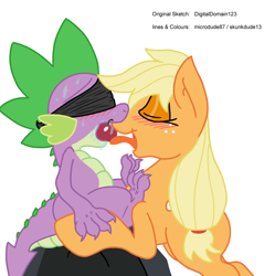 Size: 1024x1027 | Tagged: suggestive, artist:digitaldomain123, artist:microdude87, artist:skunkdude13, applejack, spike, age difference, apple, apple gag, blindfold, blushing, dragon, drool, duo, duo male and female, earth pony, female, femdom, foalcon, g4, gag, imported from derpibooru, kissing, male, malesub, mare, pony, ship:applespike, shipping, straight, straight shota, submissive, sweat, wingless spike