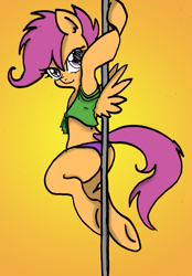 Size: 1215x1750 | Tagged: suggestive, artist:anibaruthecat, artist:latios69, scootaloo, butt, clothes, female, foalcon, g4, imported from derpibooru, panties, plot, pole dancing, pony, solo, solo female, underhoof, underwear