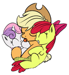 Size: 235x256 | Tagged: suggestive, apple bloom, applejack, sweetie belle, adorabloom, cuddling, cute, diasweetes, earth pony, female, filly, foal, foalcon, g4, horn, imported from derpibooru, jackabetes, licking, lowres, mare, ocbetes, pony, simple background, snuggling, transparent background, trio, trio female, unicorn
