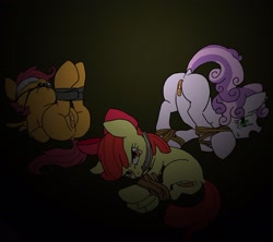 Size: 2605x2313 | Tagged: semi-grimdark, suggestive, artist:wakahiko, apple bloom, scootaloo, sweetie belle, anus, ass up, ballgag, band-aid, bandage, blindfold, bondage, butt, cloth gag, crying, cutie mark crusaders, dark, dock, face down ass up, female, filly, foal, foalcon, g4, gag, implied rape, imported from derpibooru, legs in air, nudity, on side, pasties, pegasus, pixiv, plot, pony, simplistic anus, unicorn