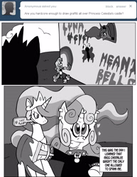 Size: 2550x3300 | Tagged: suggestive, artist:pembroke, princess celestia, princess luna, sweetie belle, ask meanie belle, comic, female, foalcon, g4, imported from derpibooru, meanie belle, paint, tumblr