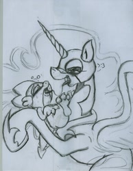 Size: 1714x2212 | Tagged: suggestive, artist:digitaldomain123, spike, age difference, alicorn, dragon, drool, drool string, duo, duo male and female, female, foalcon, french kiss, g4, holding a dragon, holding a spike, imported from derpibooru, kissing, male, monochrome, nightmare moon, pony, ship:spikemoon, shipping, sketch, sloppy kissing, spikelove, strait shota, tongue out, traditional art, wingless spike