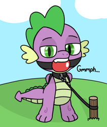 Size: 938x1113 | Tagged: suggestive, artist:fizzletheferret, spike, armbinder, ballgag, bondage, collar, dragon, foalcon, g4, gag, grass, imported from derpibooru, leash, male, outdoors, post, solo, solo male, wingless spike