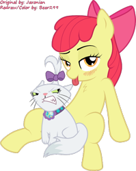 Size: 486x611 | Tagged: suggestive, artist:jaxonian, apple bloom, ask fapplebloom, blushing, cat, covering, fapplebloom, female, foalcon, funny, g4, imported from derpibooru, opalescence, pony, pun, show accurate, show accurate porn, strategically covered, tongue out, visual pun