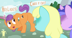 Size: 1280x671 | Tagged: suggestive, artist:blargsnarf, blushing, butt, colt, cutie mark, dialogue, dock, earth pony, edit, eyes on the prize, foal, foalcon, g4, grin, group, hidden eyes, horn, imported from derpibooru, look at my butt, looking at butt, looking at you, looking back, male, nudity, open mouth, outdoors, plot, pointing, pony, presenting, raised tail, sassaflash, scene interpretation, sea swirl, smiling, solo, speech bubble, tail, tender taps, tender tush, text, unicorn
