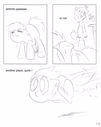Size: 2716x3425 | Tagged: suggestive, artist:theponybox696, oc, comic:watersports, accident, accidental wetting, comic, female, filly, foal, foalcon, imported from derpibooru, monochrome, need to pee, oc only, omorashi, pissing, potty time, public, urine