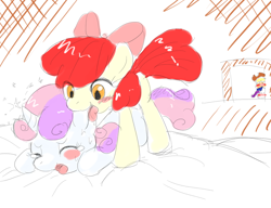 Size: 1040x800 | Tagged: suggestive, artist:yajima, apple bloom, applejack, rarity, sweetie belle, bed, blushing, ear bite, ears, earth pony, female, filly, foal, foalcon, g4, imported from derpibooru, lesbian, licking, pixiv, pony, ship:sweetiebloom, shipping, siblings, voyeurism