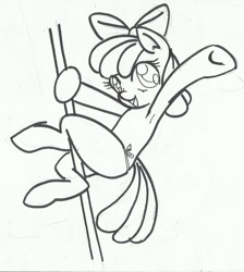 Size: 1280x1426 | Tagged: suggestive, artist:anibaruthecat, apple bloom, armpits, female, filly, foal, foalcon, g4, imported from derpibooru, monochrome, pole dancing, solo, solo female