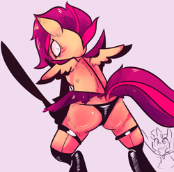 Size: 1152x1132 | Tagged: suggestive, artist:spanish-scoot, scootaloo, sweetie belle, butt, female, foalcon, g4, imported from derpibooru, kill la kill, plot, semi-anthro, solo, solo female, tumblr:preguntascootaloo