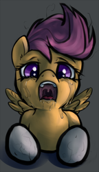 Size: 975x1695 | Tagged: semi-grimdark, suggestive, artist:ponypeon, scootaloo, abuse, crying, drool, female, filly, foal, foalcon, g4, implied abuse, implied rape, implied sex, imported from derpibooru, looking at you, lying down, open mouth, pegasus, petrification, pony, prone, rock hard filly, scootabuse, solo, solo female, the implications are horrible