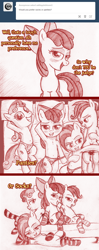 Size: 792x1997 | Tagged: suggestive, artist:jaxonian, apple bloom, babs seed, scootaloo, sweetie belle, adorasexy, ask fapplebloom, babe seed, bed, bedroom eyes, belly button, clothes, comic, cute, cutie mark crusaders, earth pony, fapplebloom, female, filly, foal, foalcon, funny, g4, grin, imported from derpibooru, looking at you, monochrome, palindrome get, panties, pegasus, pillow, pony, secret butt fun, sexy, socks, striped socks, teasing, tumblr, underwear, unicorn