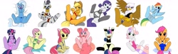 Size: 5280x1600 | Tagged: suggestive, artist:kloudmutt, apple bloom, applejack, fluttershy, pinkie pie, rainbow dash, rarity, scootaloo, sweetie belle, twilight sparkle, ballgag, bon bon, bondage, bra, clothes, corset, crop top bra, cutie mark crusaders, cutie mark underwear, earth pony, female, filly, foal, foalcon, g4, gag, gilda, griffon, imported from derpibooru, interspecies, legwear, lingerie, mane six, on back, one-piece swimsuit, panties, pegasus, pony, shorts, socks, spread legs, starry underwear, stockings, sweetie drops, swimsuit, thigh highs, trixie, underwear, unicorn, zebra, zecora