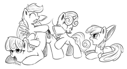 Size: 1000x542 | Tagged: suggestive, artist:xioade, apple bloom, scootaloo, sweetie belle, ass up, cheerilee, cutie mark crusaders, drool, earth pony, face down ass up, female, filly, foal, foalcon, foaldom, g4, imported from derpibooru, mare, masochism, monochrome, mouth hold, paddle, pegasus, pony, reddened butt, sketch, spanking, tongue out, unicorn