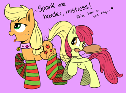 Size: 800x593 | Tagged: suggestive, artist:tiki2, artist:xioade, apple bloom, applejack, applecest, applejack is a spankaholic, applesub, bdsm, bloomdom, blushing, clothes, collar, dialogue, dominatrix, earth pony, female, femdom, femsub, filly, foal, foalcon, foaldom, g4, imported from derpibooru, incest, lesbian, mare, mare on filly, missing accessory, mistress, mouth hold, paddle, pet play, pony, reverse foalcon, ship:bloomjack, shipping, socks, spanking, striped socks, submissive, tongue out