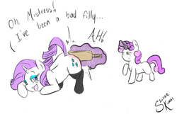 Size: 1053x677 | Tagged: suggestive, artist:silver1kunai, rarity, sweetie belle, algolagnia, ass up, bedroom eyes, blushing, clothes, face down ass up, female, filly, fishnet stockings, foal, foalcon, foaldom, g4, horn, imported from derpibooru, incest, legwear, lesbian, magic, mare, masochism, open mouth, paddle, paddling, pony, raised hoof, raised tail, raricest, reddened butt, ship:raribelle, shipping, smiling, smug, smug belle, spank mark, spanking, stockings, telekinesis, thigh highs, tongue out, unicorn