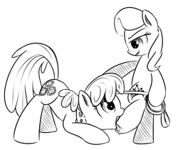 Size: 700x588 | Tagged: suggestive, artist:xioade, diamond tiara, cheerilee, collar, female, femdom, foalcon, foaldom, g4, hoof fetish, imported from derpibooru, leash, lesbian, mare on filly, monochrome, pet play
