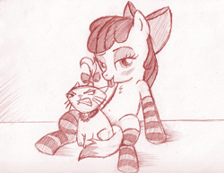 Size: 792x612 | Tagged: suggestive, artist:jaxonian, apple bloom, ask, ask fapplebloom, clothes, covering, earth pony, female, foalcon, g4, imported from derpibooru, monochrome, opalescence, pony, pun, socks, strategically covered, striped socks, visual pun