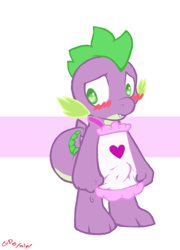Size: 518x718 | Tagged: suggestive, spike, apron, apron boner, artist needed, blushing, clothes, covering, crotch bulge, dragon, embarrassed, erection, foalcon, g4, hiding erection, imported from derpibooru, male, naked apron, penis outline, solo, solo male, source needed, tenting